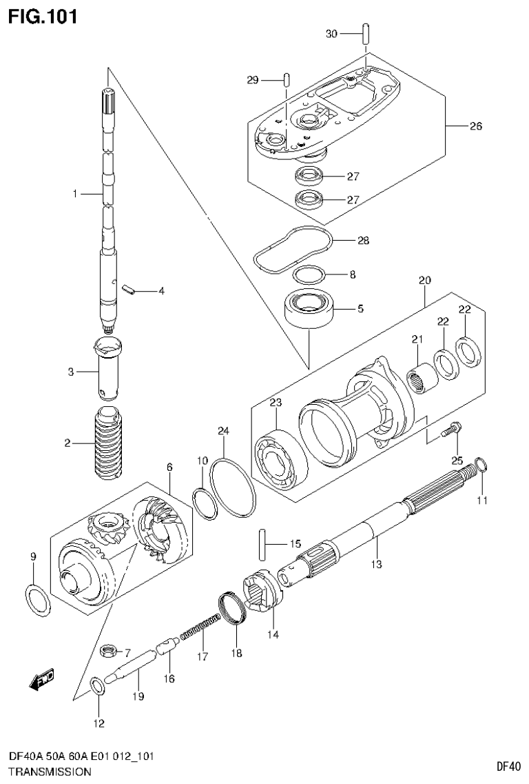 Suzuki DF40AST, DF50A, DF50ATH TRANSMISSION (DF50A E1) parts diagram